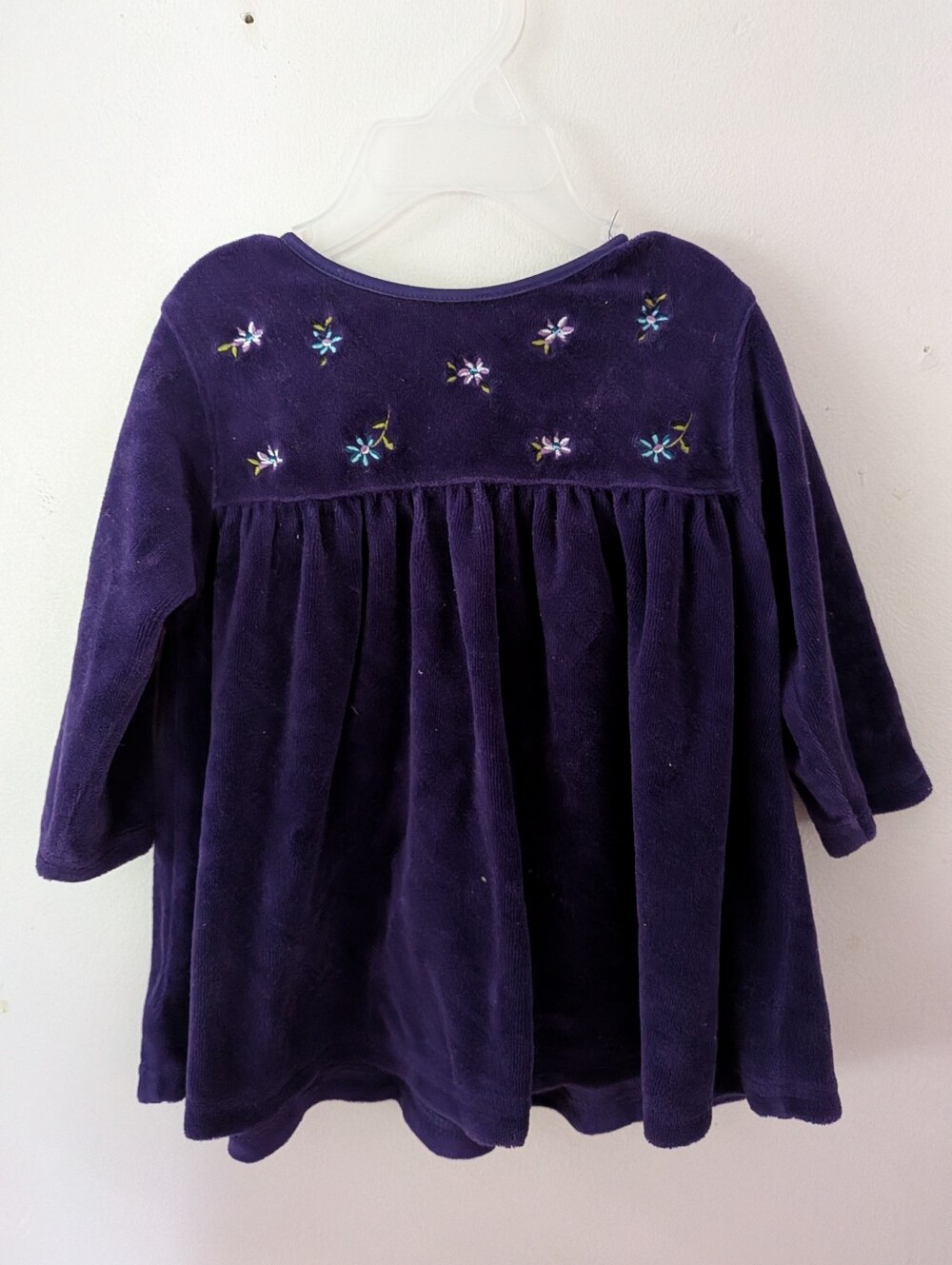 Vintage Dark Purple Long Sleeve Baby Girl Velvet Dress with Floral Embroidery